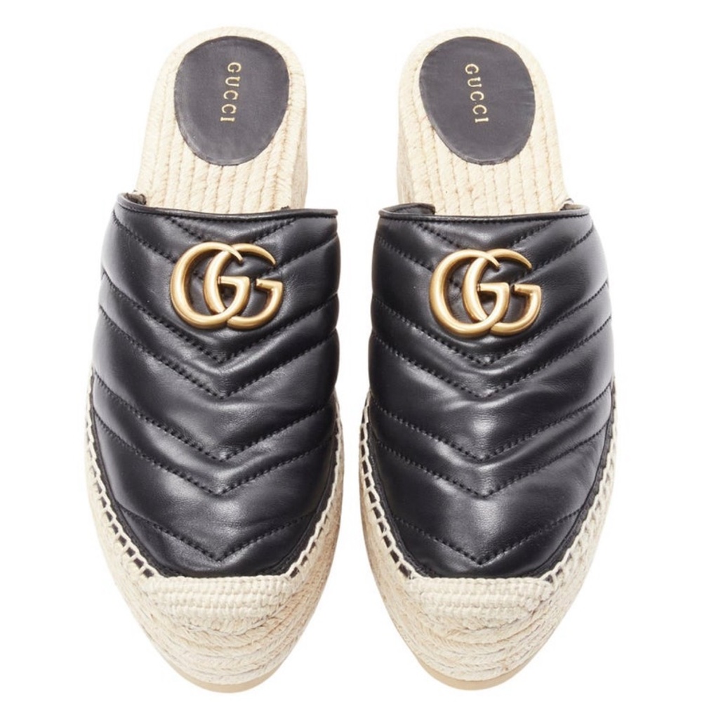 GUCCI Charlotte Matelasse gold GG logo platform espadrille jute mule